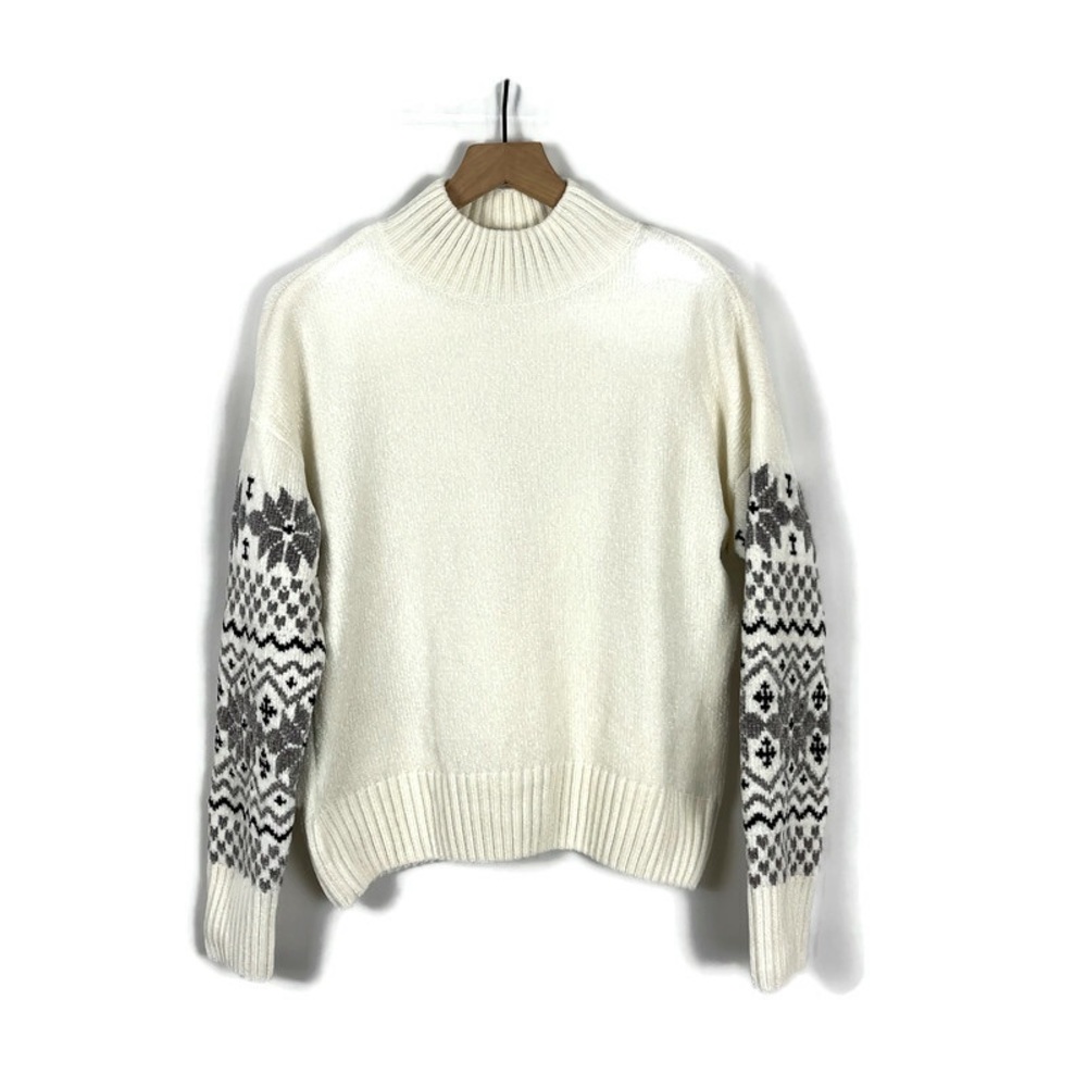 Christian Siriano Fair Isle Long Sleeve Chenille Sweater | White Gray Blk Size S